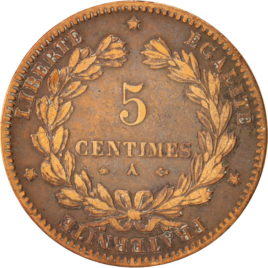 France, Cérès, 5 Centimes, 1876, Paris, VF(20-25), Bronze, KM:821.1, Gadoury157a