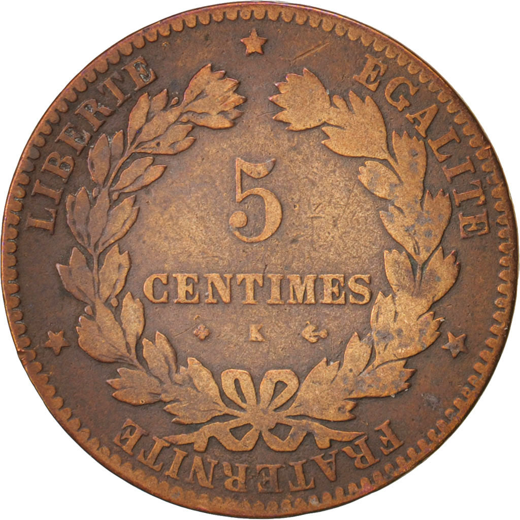 France, Cérès, 5 Centimes, 1876, Bordeaux, B+, Bronze, KM:821.2, Gadoury:157a