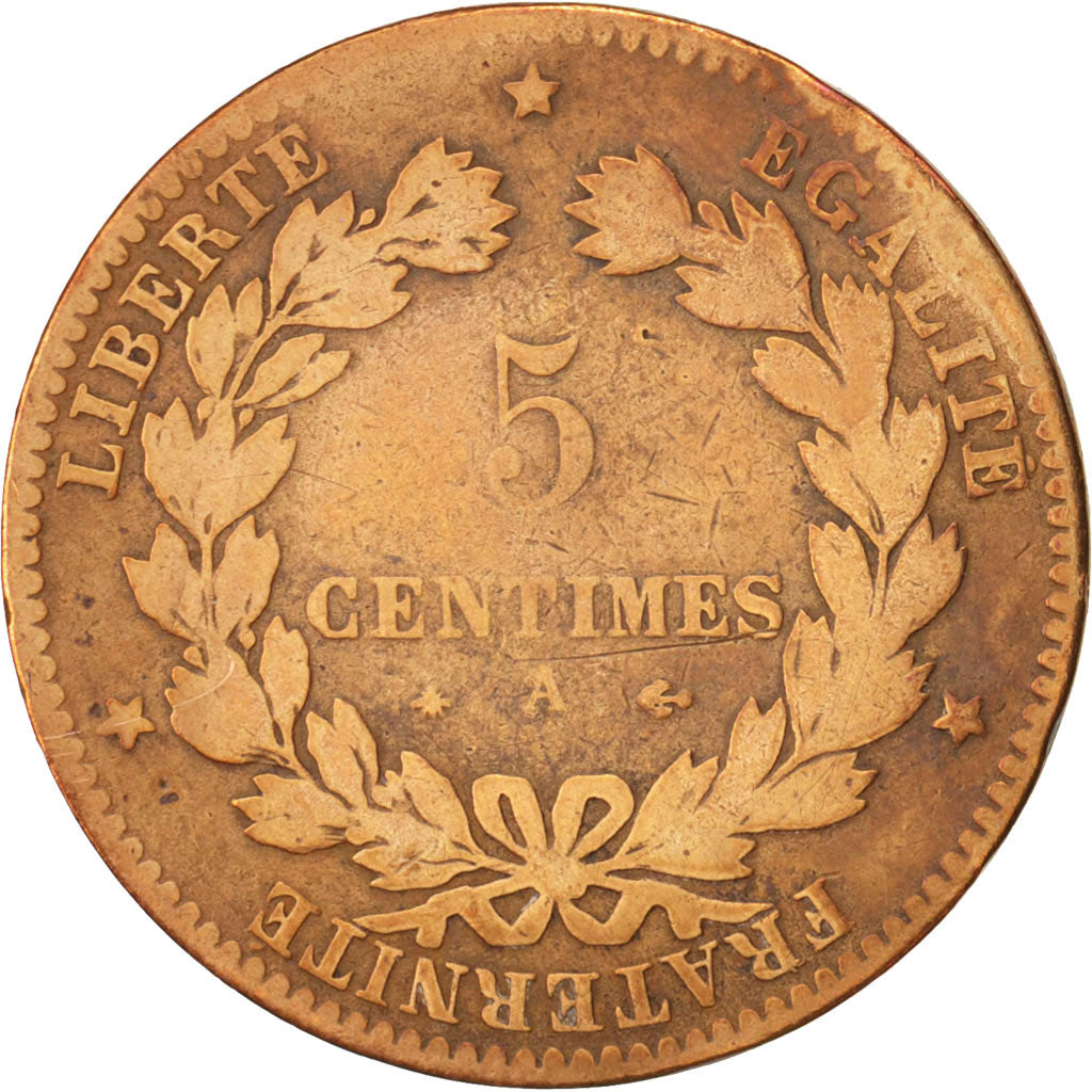 France, Cérès, 5 Centimes, 1878, Paris, VG(8-10), Bronze, KM:821.1, Gadoury157a