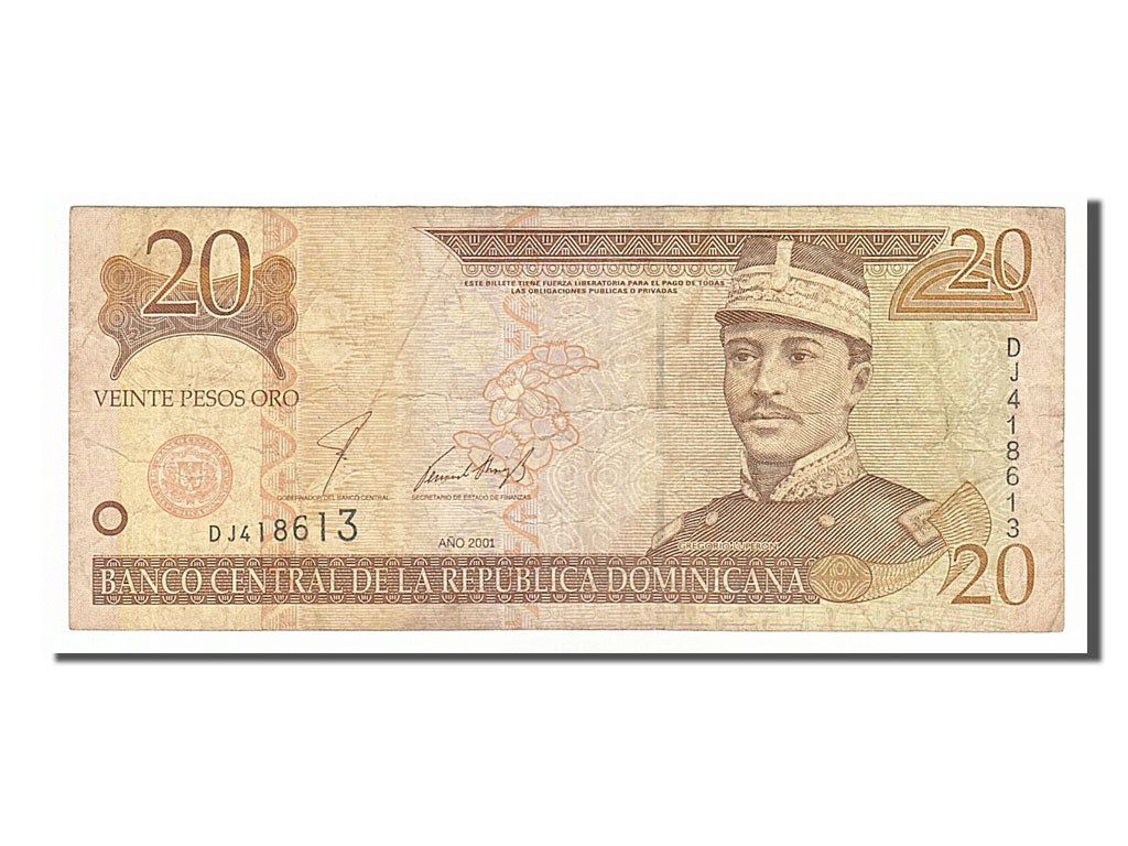 Dominican Republic, 20 Pesos Oro, 2001, KM #166b, VF(20-25), DJ418613