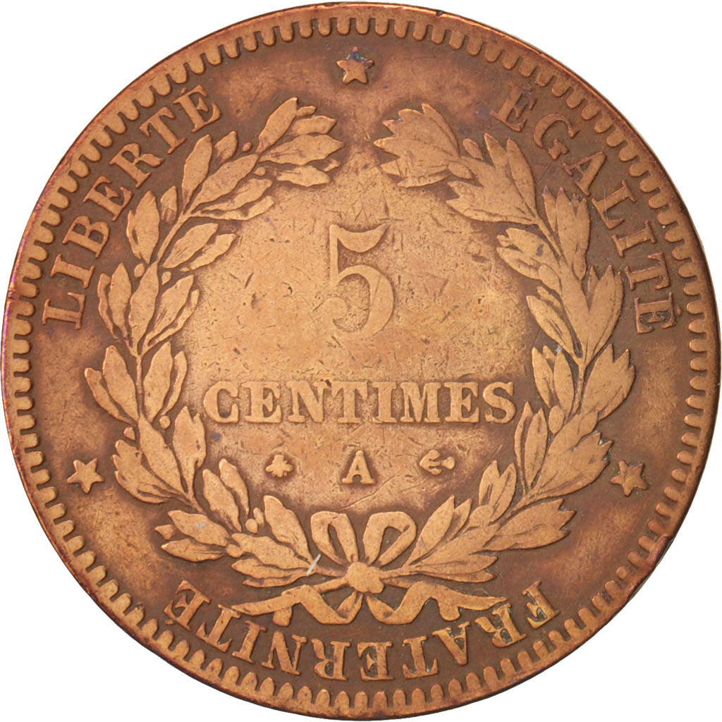 France, Cérès, 5 Centimes, 1872, Paris, EF(40-45), Bronze, KM:821.1, Gadoury157a