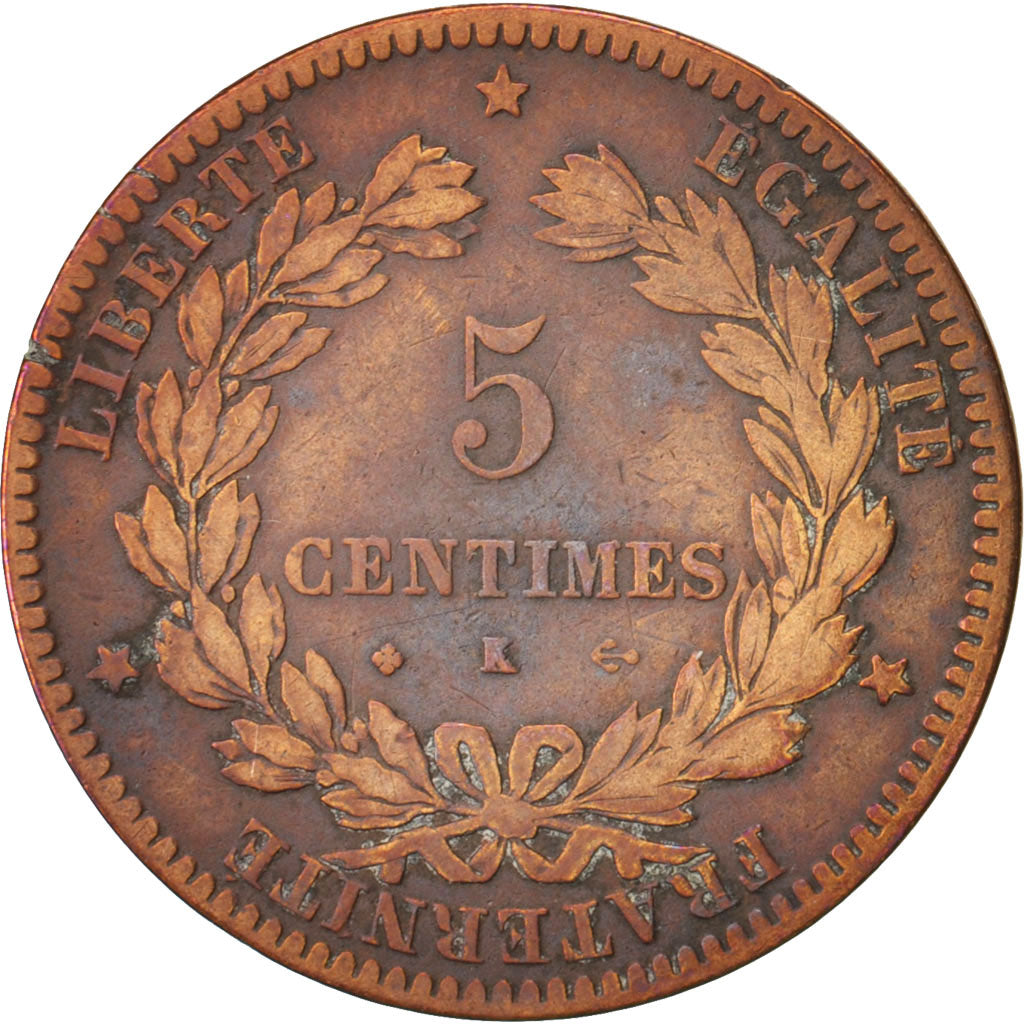 Francia, Cérès, 5 Centimes, 1872, Bordeaux, MB, Bronzo, KM:821.2, Gadoury:157a