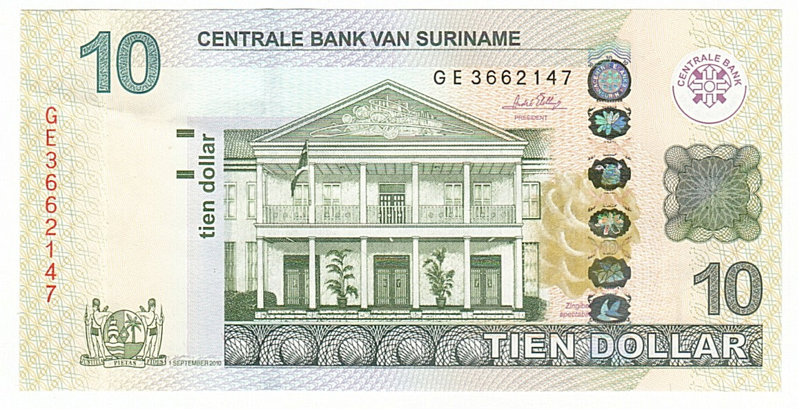 Suriname, 10 Dollars, 2010, KM #163, 2010-09-01, UNC(63), GE3662147