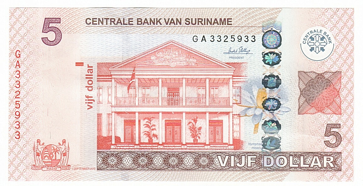 Suriname, 5 Dollars, 2010, KM #162, 2010-09-01, UNC(63), GA3325933