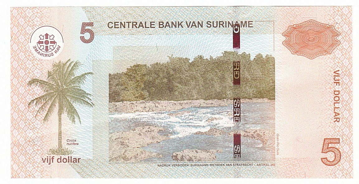 Suriname, 5 Dollars, 2010, KM #162, 2010-09-01, UNC(63), GA3325933