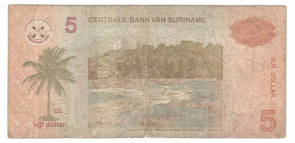 Suriname, 5 Dollars, 2004, KM #157a, 2004-05-01, VG(8-10), AA9698335