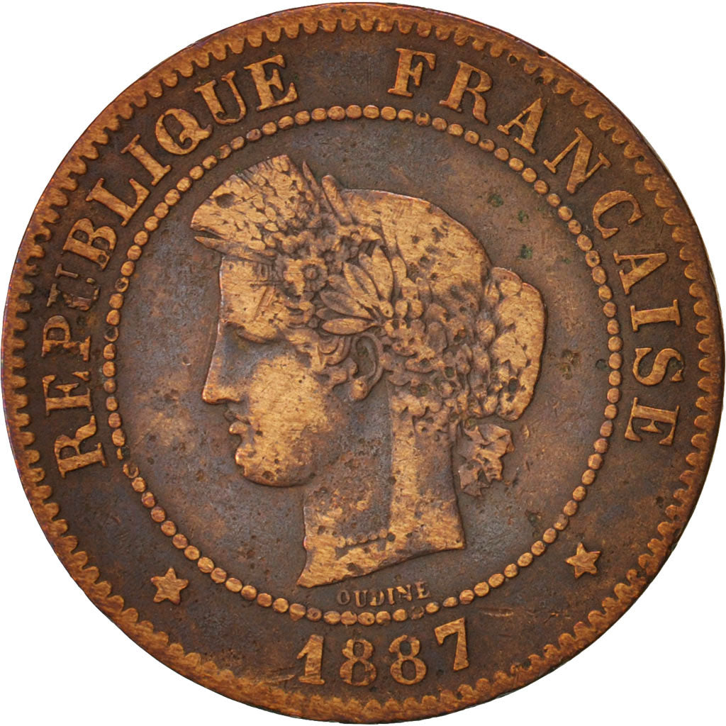 France, Cérès, 5 Centimes, 1887, Paris, VF(20-25), Bronze, KM:821.1, Gadoury157a