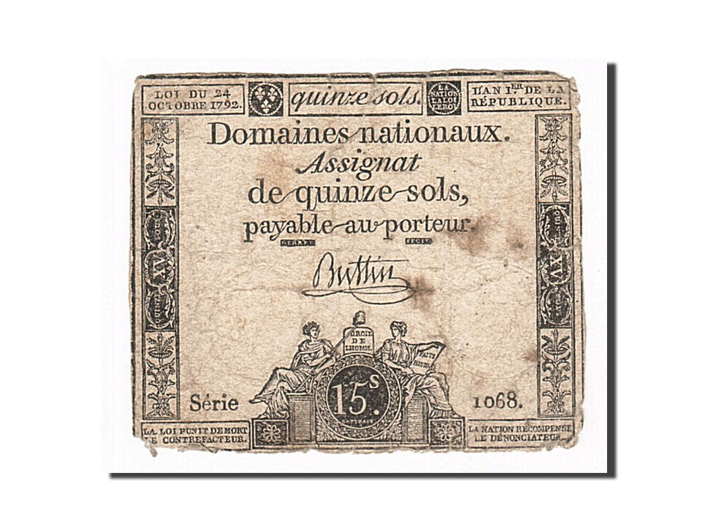 Billete, Francia, 15 Sols, 1792, RC+, KM:A65, Lafaurie:160