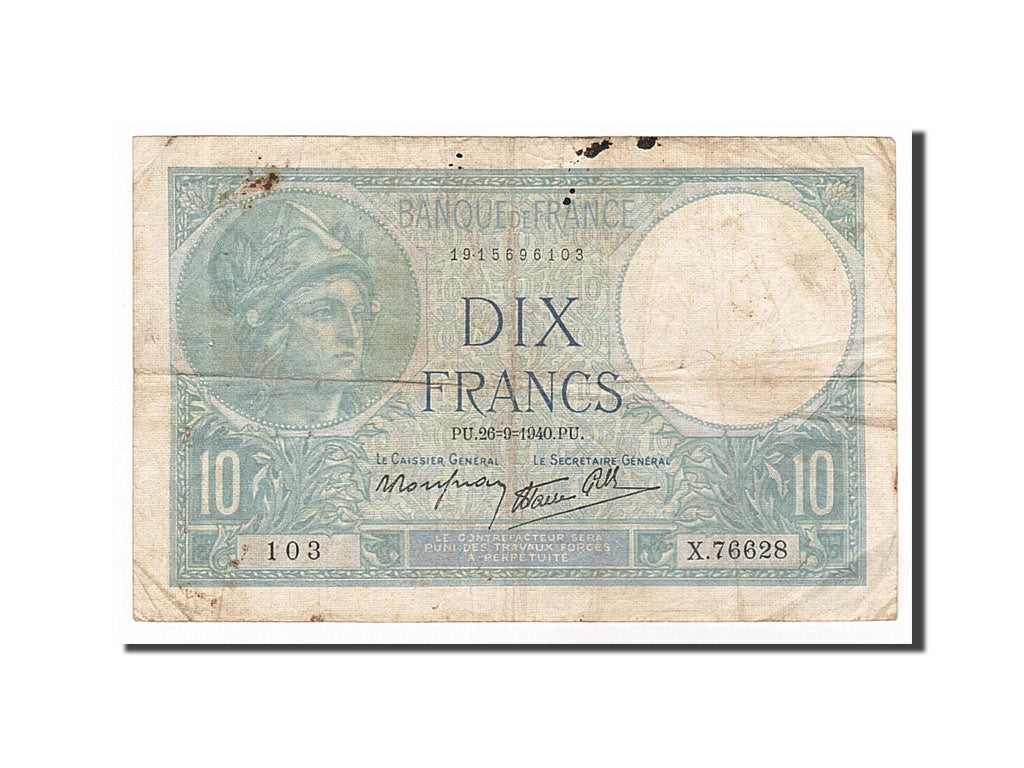 Geldschein, Frankreich, 10 Francs, 10 F 1916-1942 ''Minerve'', 1940, 1940-09-26