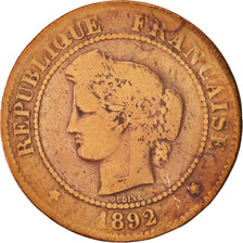 Monnaie, France, Cérès, 5 Centimes, 1892, Paris, B, Bronze, KM:821.1