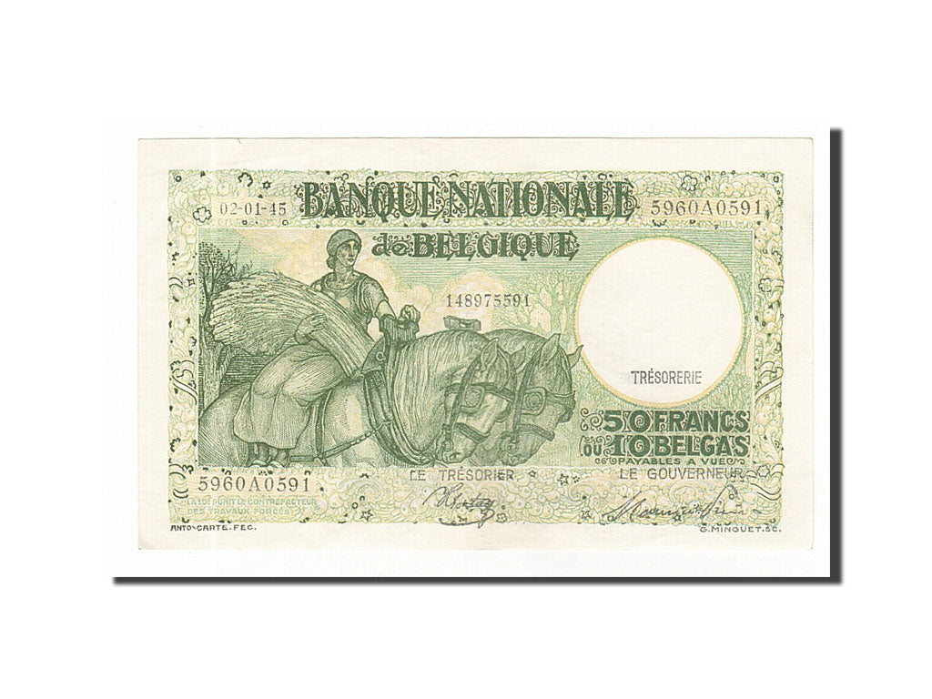 Belgium, 50 Francs-10 Belgas, 1945, KM #106, 1945-01-02, AU(55-58), 5960A0591