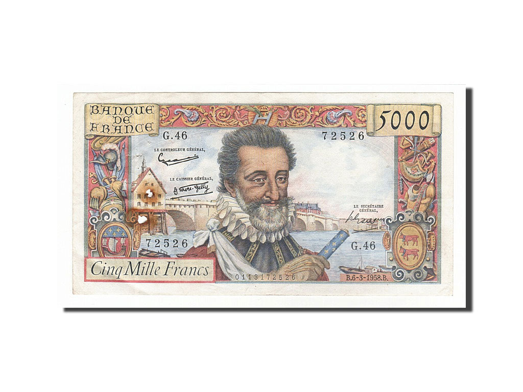 France, 5000 Francs, 5 000 F 1957-1958 ''Henri IV'', 1958, KM #135a,...
