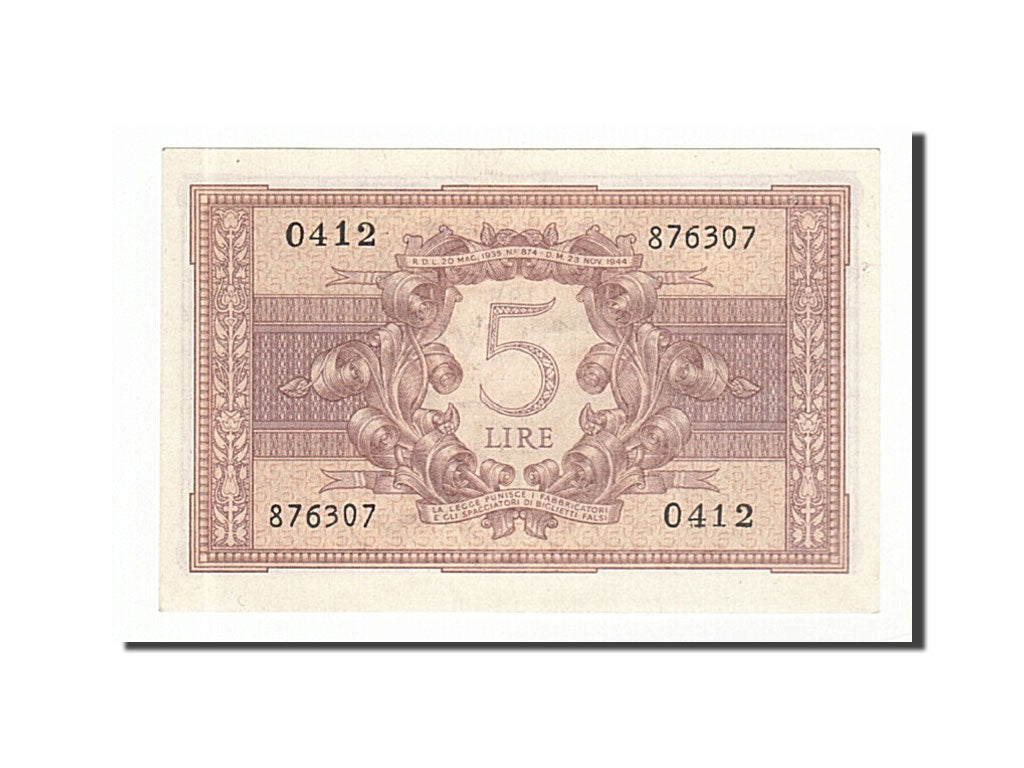 Italy, 5 Lire, 1944, KM #31b, 1944-11-23, UNC(60-62), 0412 876307