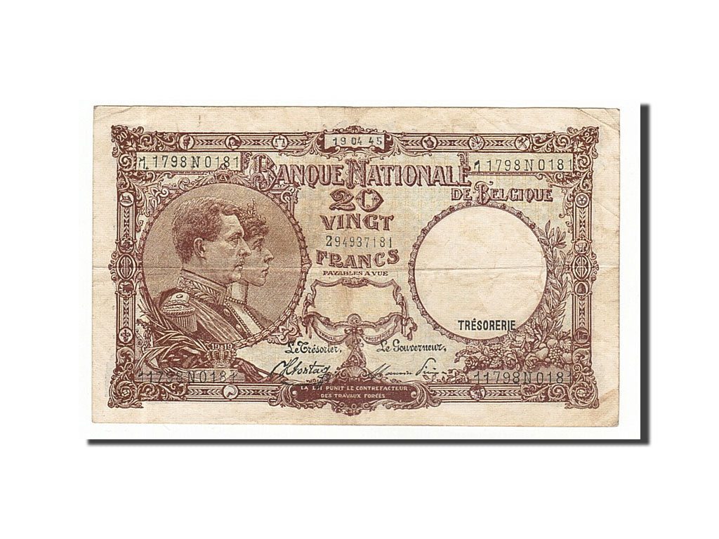 Banknote, Belgium, 20 Francs, 1945, 1945-04-19, EF(40-45)