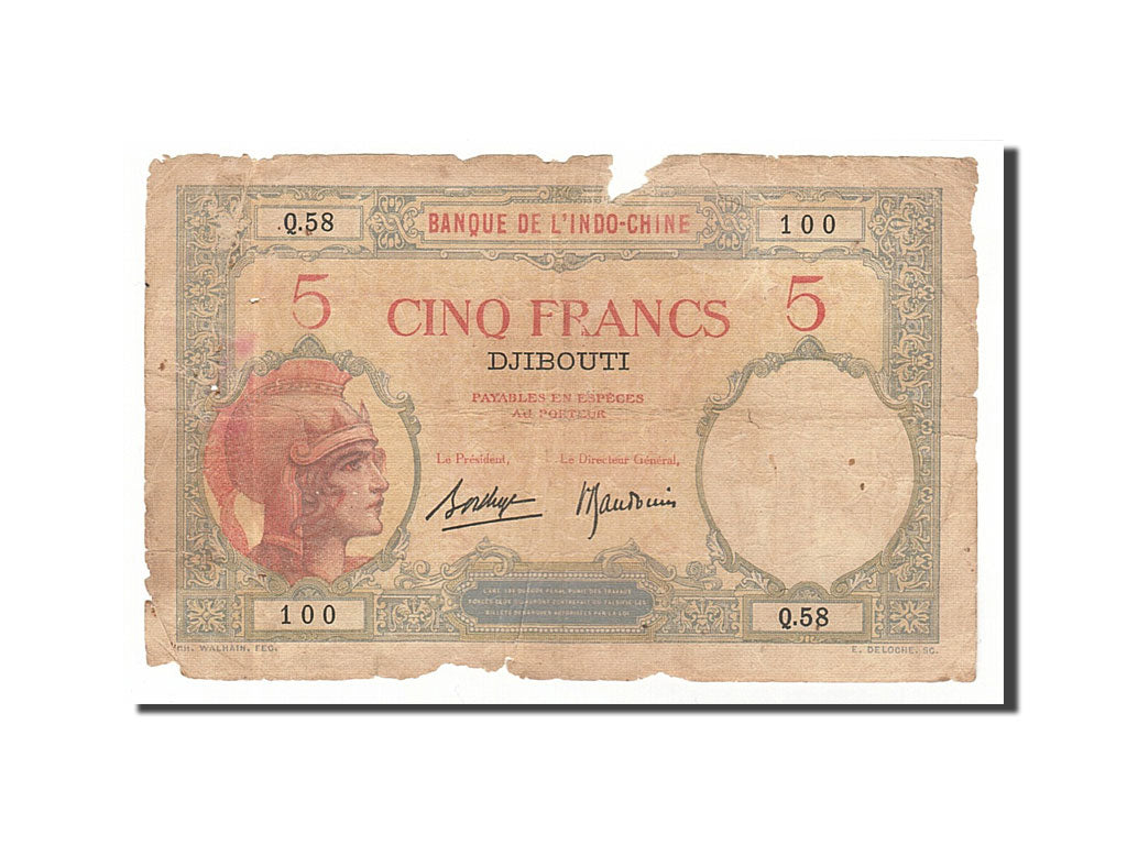 French Somaliland, 5 Francs, 1928, KM #6b, VG(8-10), Q.58