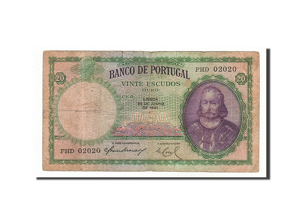 Portugal, 20 Escudos, 1951, KM #153a, 1951-06-26, VF(30-35), PHD02020