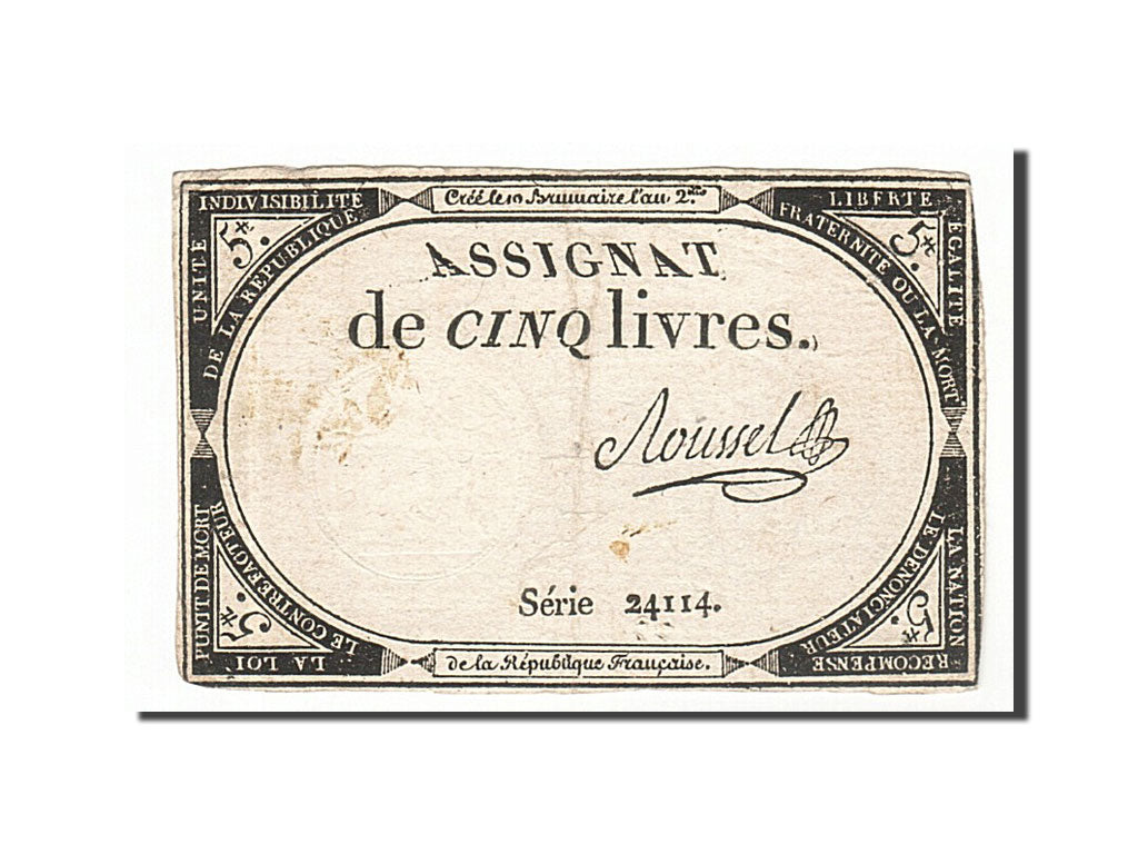 Banknot, Francja, 5 Livres, 1793, Roussel, VF(30-35), KM:A76, Lafaurie:171