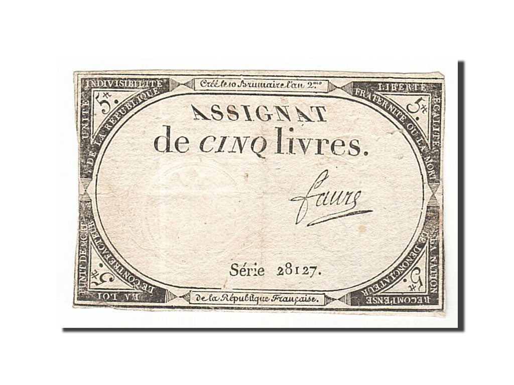 Biljet, Frankrijk, 5 Livres, 1793, Faure, TB+, KM:A76, Lafaurie:171