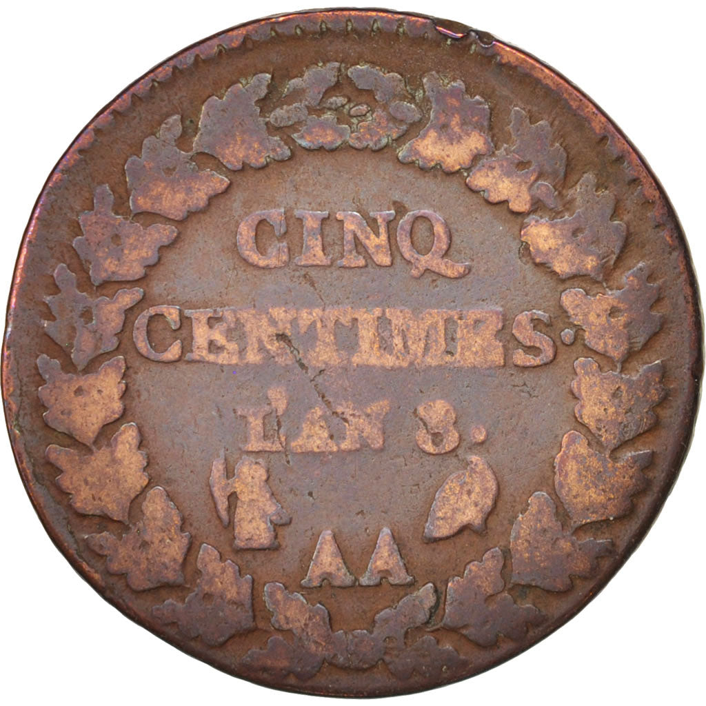 France, Dupré, 5 Centimes, 1799, Metz, VG(8-10), Bronze, KM:640.2, Gadoury:126a