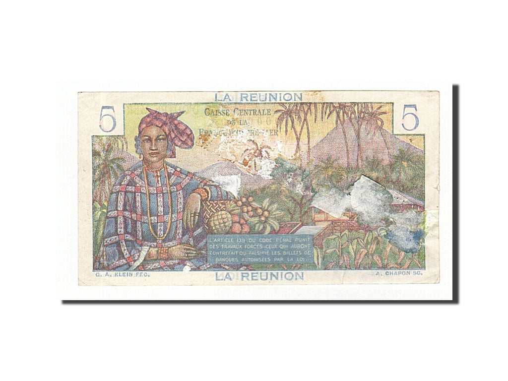 Reunion, 5 Francs, 1947, KM #41s, VF(20-25), O.000
