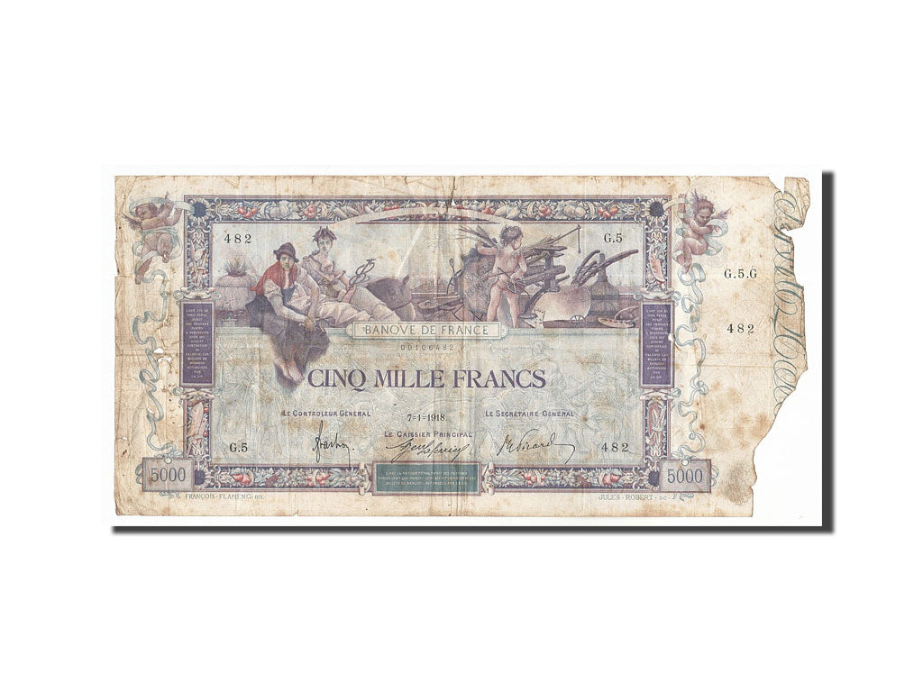 FRANCE, 5000 Francs Flameng, 1918, KM #76, 1918-01-07, F(12-15), Fayette #43.1