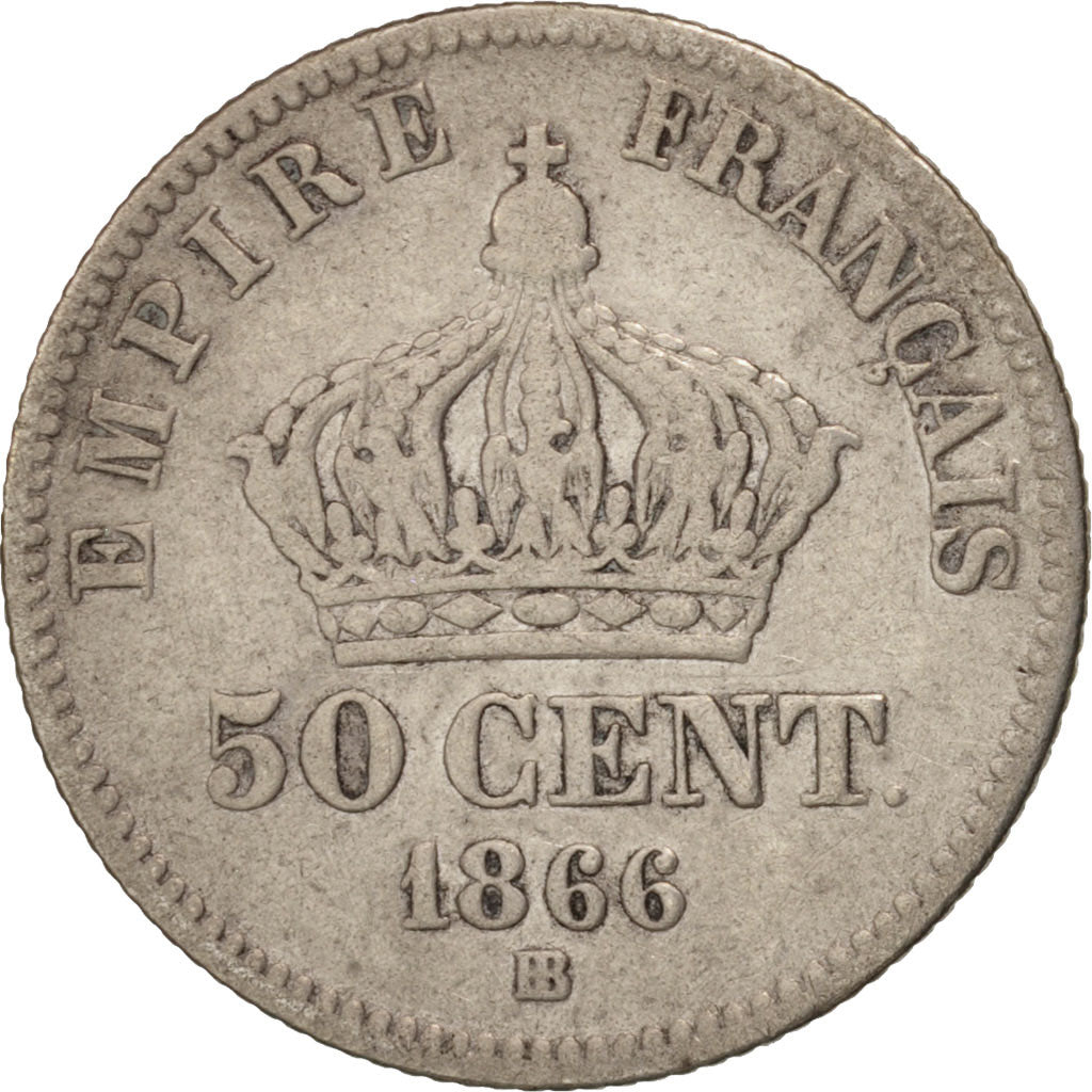 France, Napoleon III, 50 Centimes, 1866, Strasbourg, VF(20-25), KM 814.2