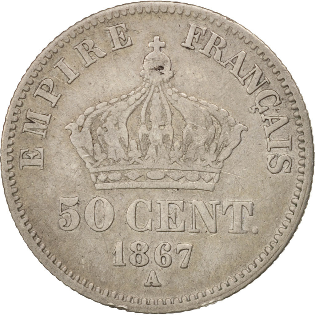 France, Napoleon III, 50 Centimes, 1867, Paris, TB, Argent, KM 814.1, Gadoury417