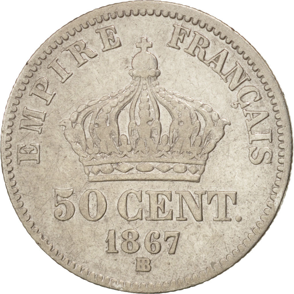 France, Napoleon III, 50 Centimes, 1867, Strasbourg, VF(20-25), KM 814.2