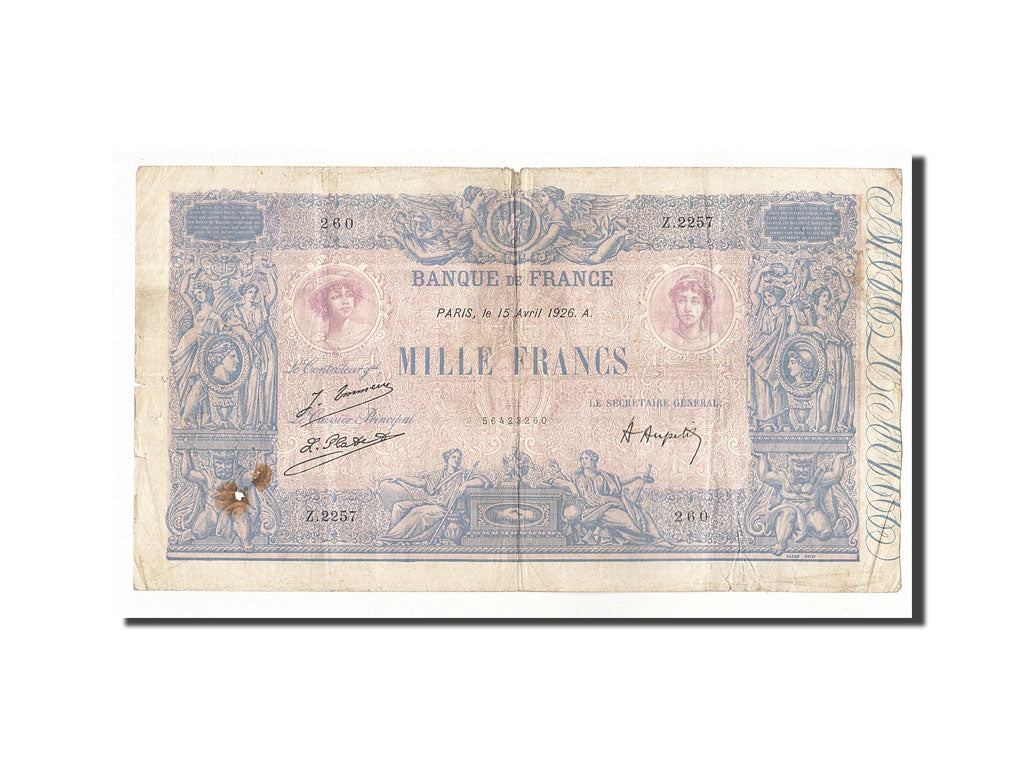 France, 1000 Francs, 1 000 F 1889-1926 ''Bleu et Rose'', 1926, KM #67j,...