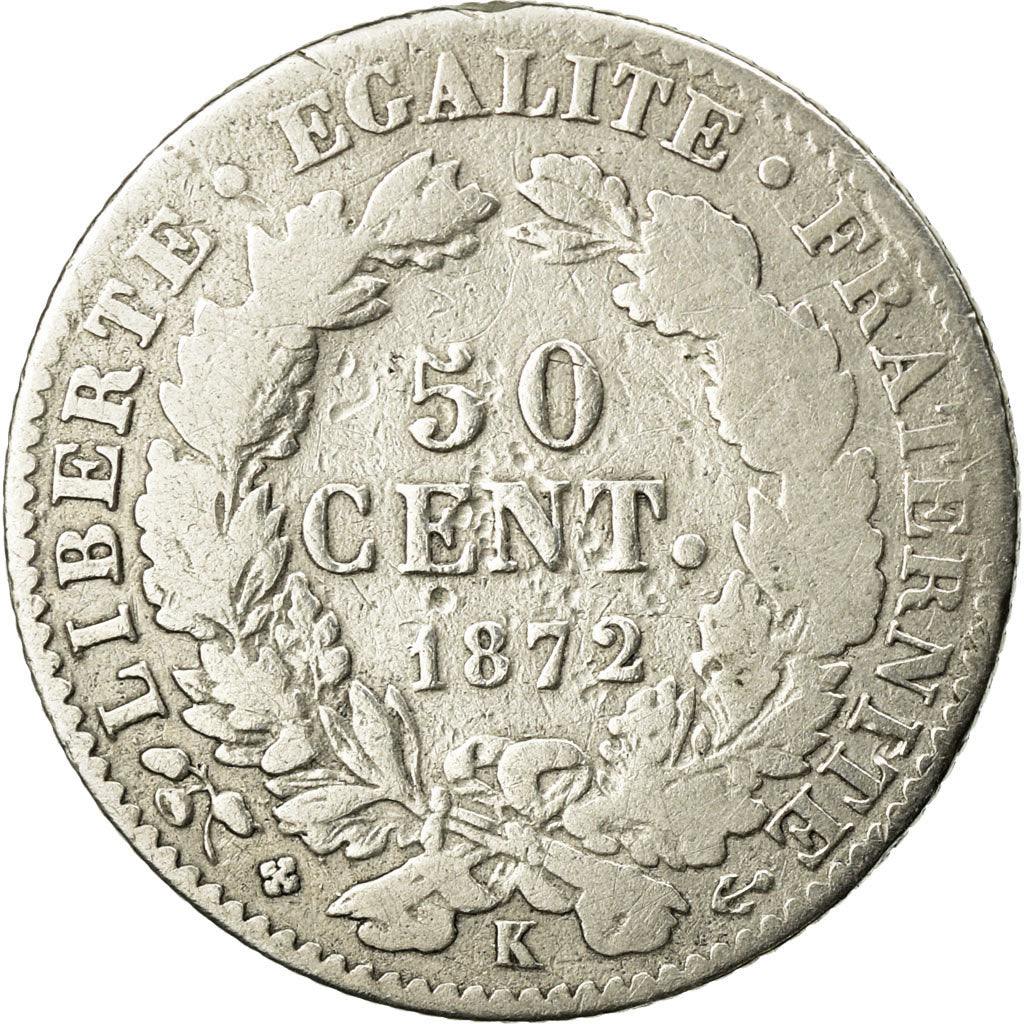 Moneta, Francia, Cérès, 50 Centimes, 1872, Bordeaux, B, Argento, KM:834.2