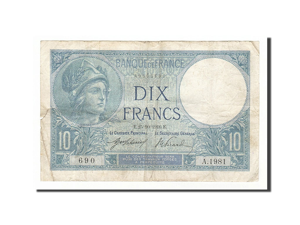 Francia, 10 Francs, 10 F 1916-1942 ''Minerve'', 1916, KM:73a, 1916-10-25, MB,...