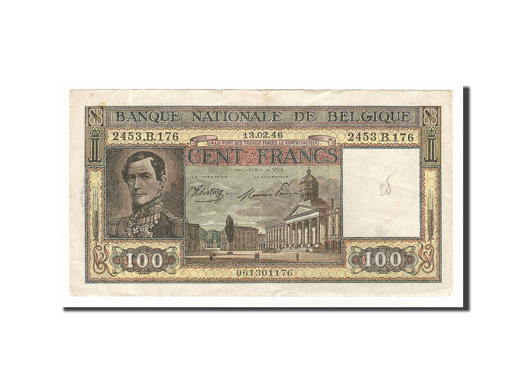 Belgium, 100 Francs, 1946, KM #126, 1946-02-13, VF(30-35), 2453.B.176