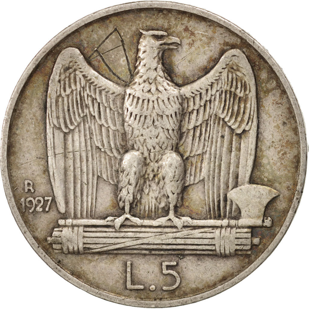 Italy, Vittorio Emanuele III, 5 Lire, 1927, Rome, VF(30-35), Silver, KM:67.2