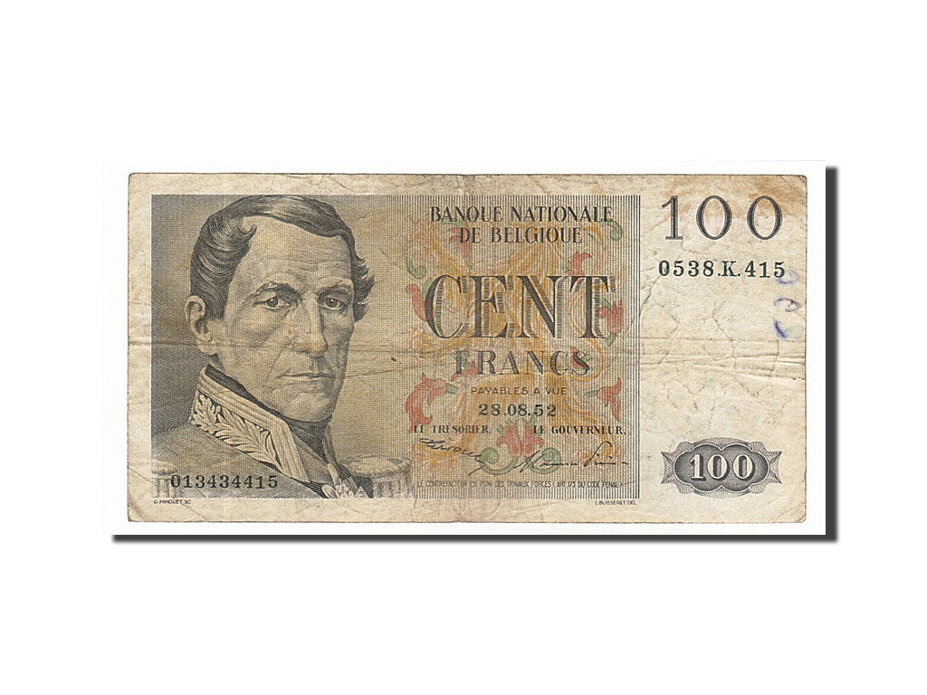 Belgium, 100 Francs, 1952, KM #129a, 1952-08-28, F(12-15), 2787.S.087
