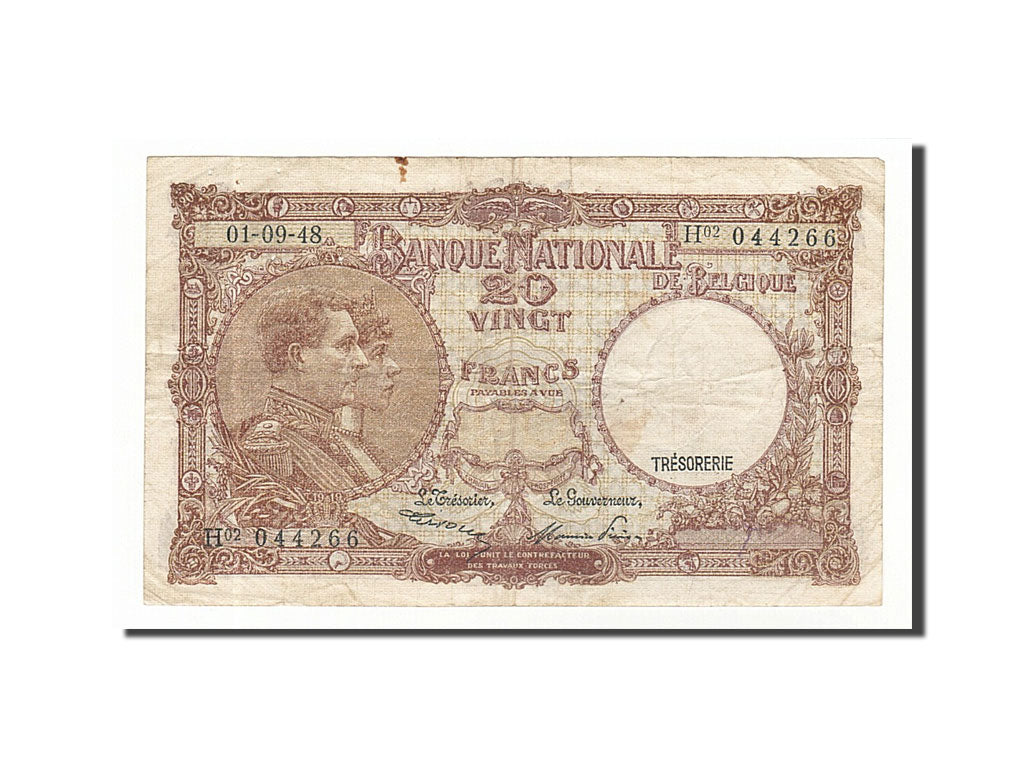 Belgium, 20 Francs, 1948, KM #116, 1948-09-01, VF(30-35), H02 044266