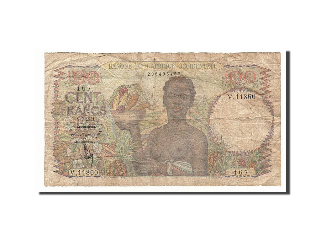 French West Africa, 100 Francs, 1951, KM #40, 1951-03-08, F(12-15), V.11860