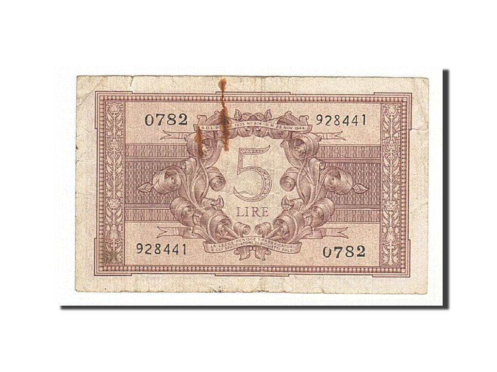 Banknote, Italy, 5 Lire, 1944, 1944-11-23, VF(20-25)
