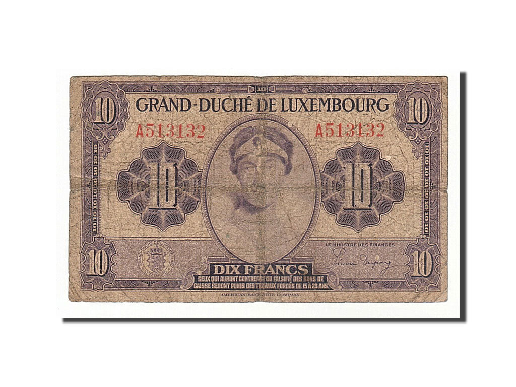 Luxembourg, 10 Francs, 1944, KM #44a, VG(8-10), A513132