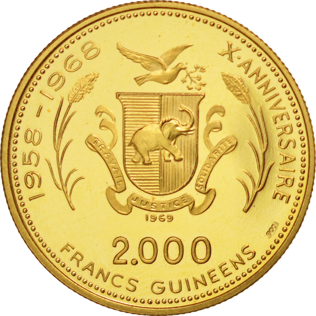 Guinea, 2000 Francs, 1969, MS(63), Gold, KM:18