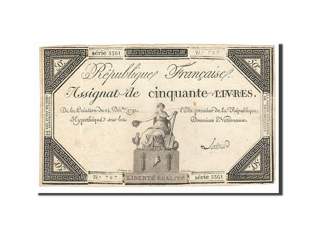 Billete, Francia, 50 Livres, 1792, Latour, MBC, KM:A72, Lafaurie:164