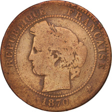 France, Cérès, 10 Centimes, 1870, Paris, B, Bronze, KM:815.1, Gadoury:265
