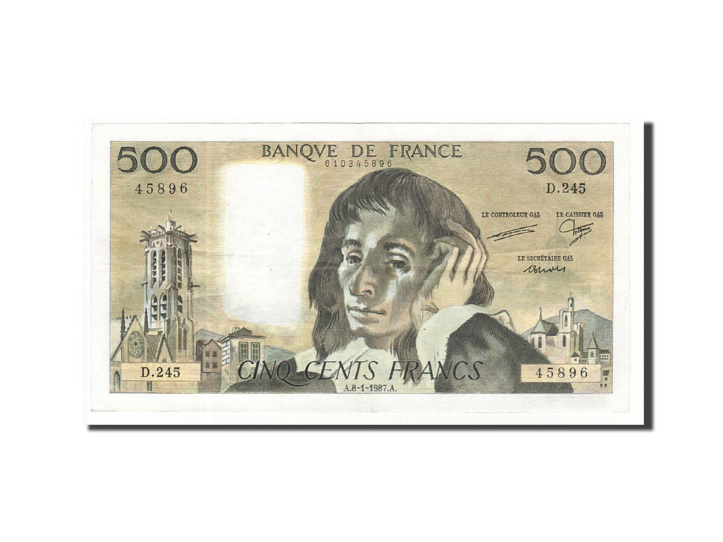 France, 500 Francs, 500 F 1968-1993 ''Pascal'', 1987, KM #156f, 1987-01-08,...
