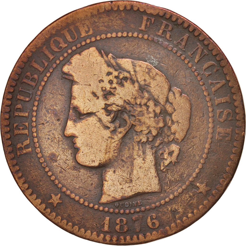 France, Cérès, 10 Centimes, 1876, Bordeaux, F(12-15), Bronze, KM:815.2