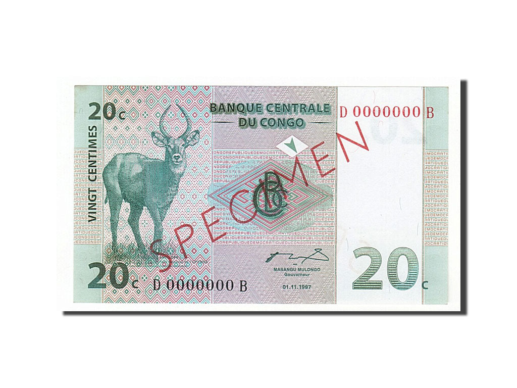 Banknot, Republika Demokratyczna Konga, 20 Centimes, 1997, 1997-11-01, UNC(63)