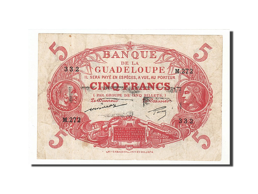 Banconote, Guadalupe, 5 Francs, 1928, BB