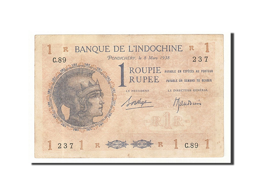 Banknote, French India, 1 Roupie, 1938, 1938-03-08, AU(50-53)