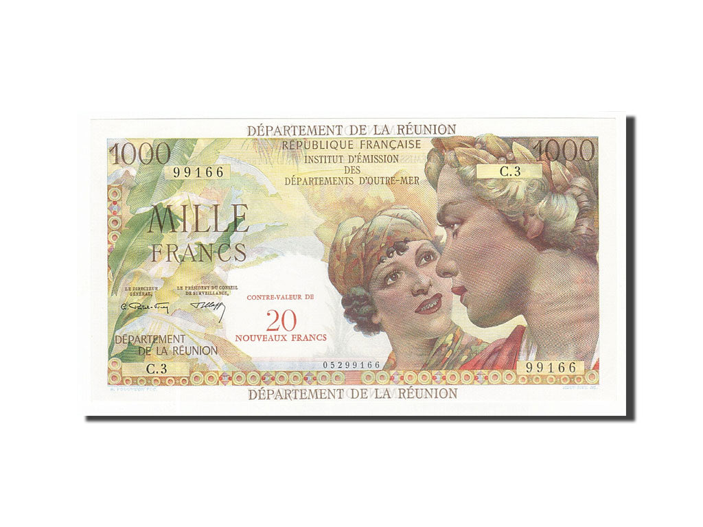 Reunion, 20 Nouveaux Francs on 1000 Francs, 1971, KM #55b, UNC(63), C.3