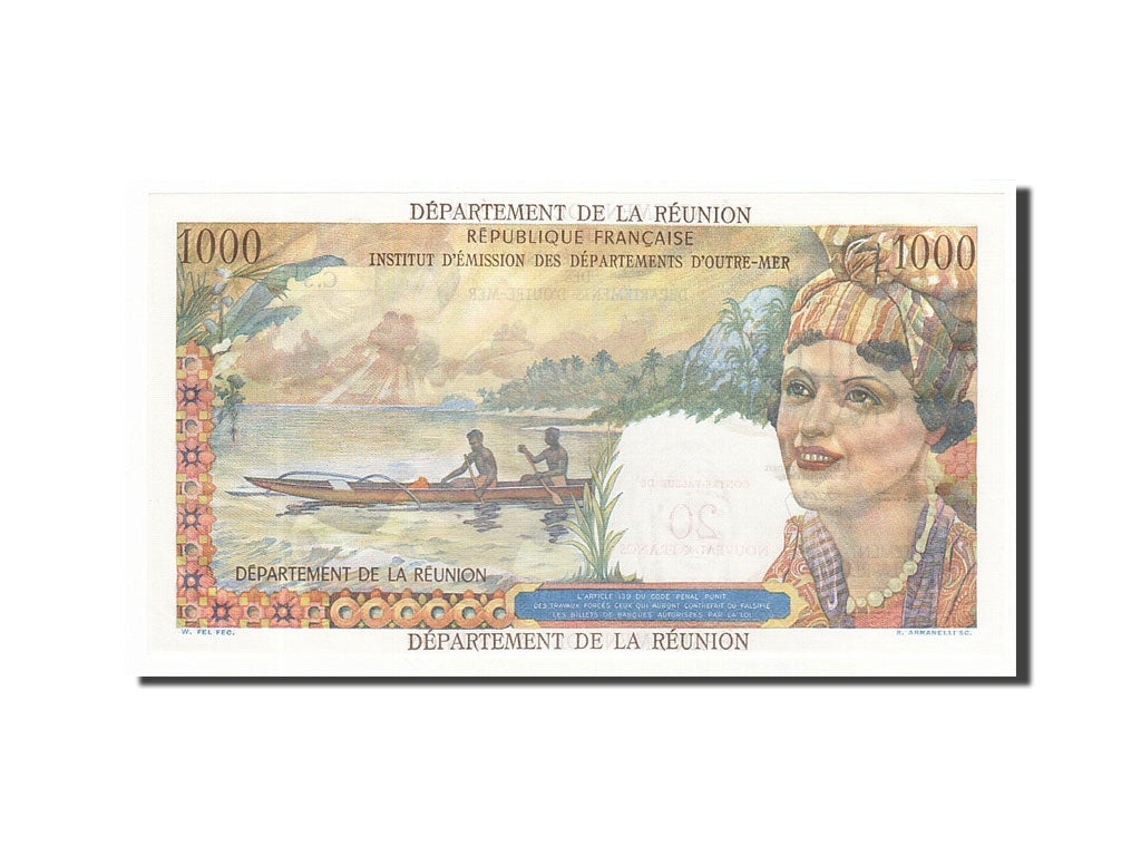 Reunion, 20 Nouveaux Francs on 1000 Francs, 1971, KM #55b, UNC(63), C.3