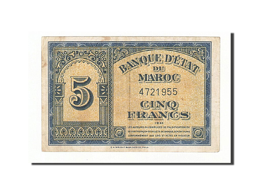 Morocco, 5 Francs, 1943, KM #24, 1943-08-01, AU(50-53), 4721955