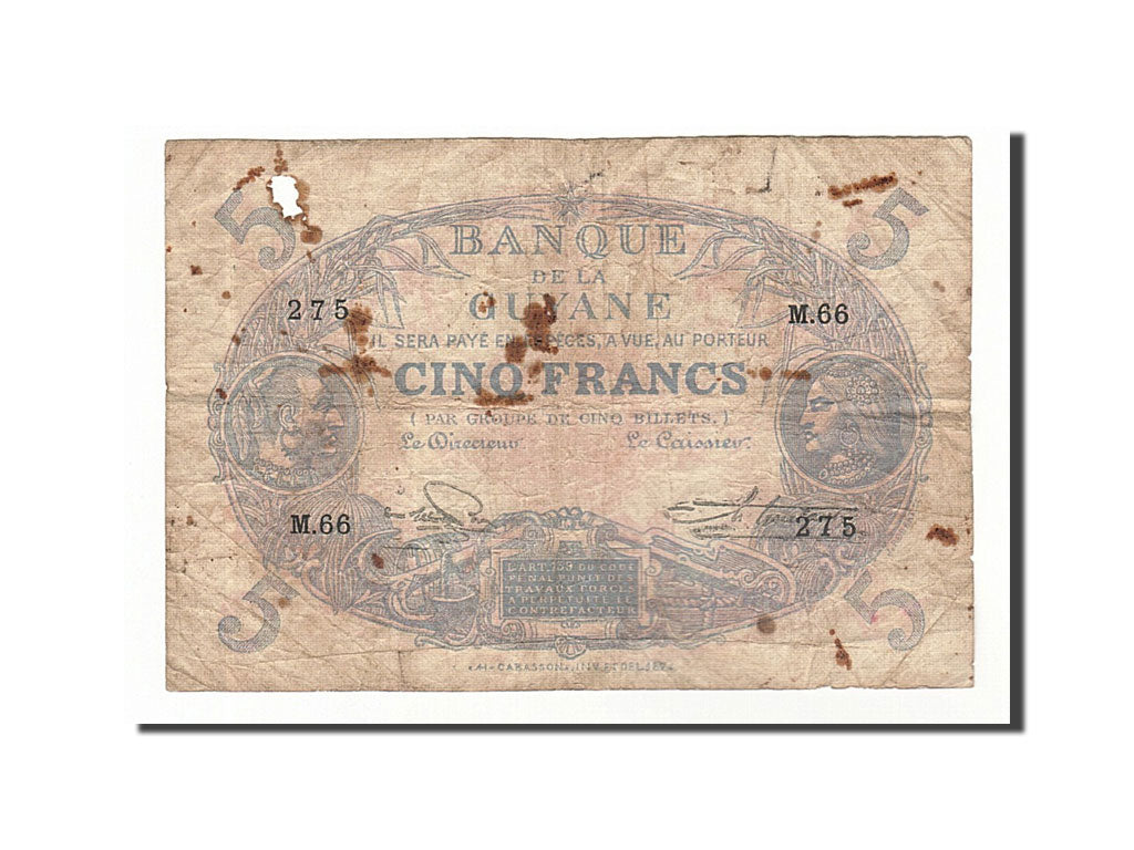 French Guiana, 5 Francs, 1942, KM #1d, F(12-15), M.66 275